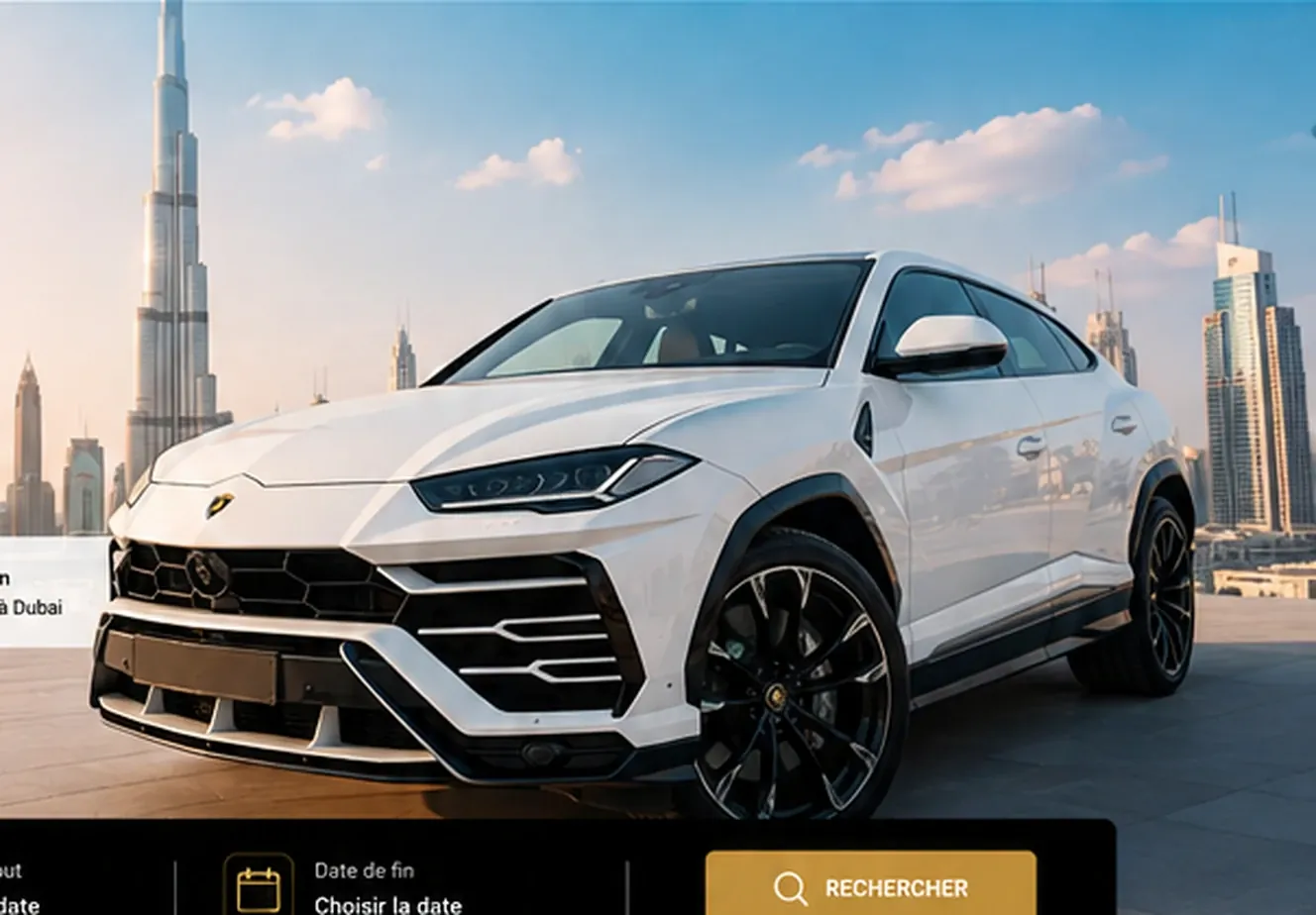Voiture de location à Dubaï devant la skyline